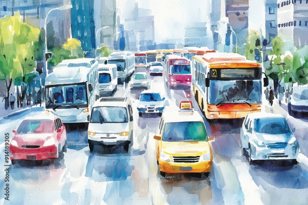 Fototapeta premium A vibrant watercolor painting depicting a busy urban street filled with diverse vehicles and lush greenery.