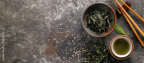 Japanese cuisine ingredients included in dried seaweed for copy space image photo