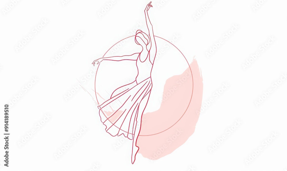 Fototapeta premium line drawing of the ballerina in pink dress on white background, text 