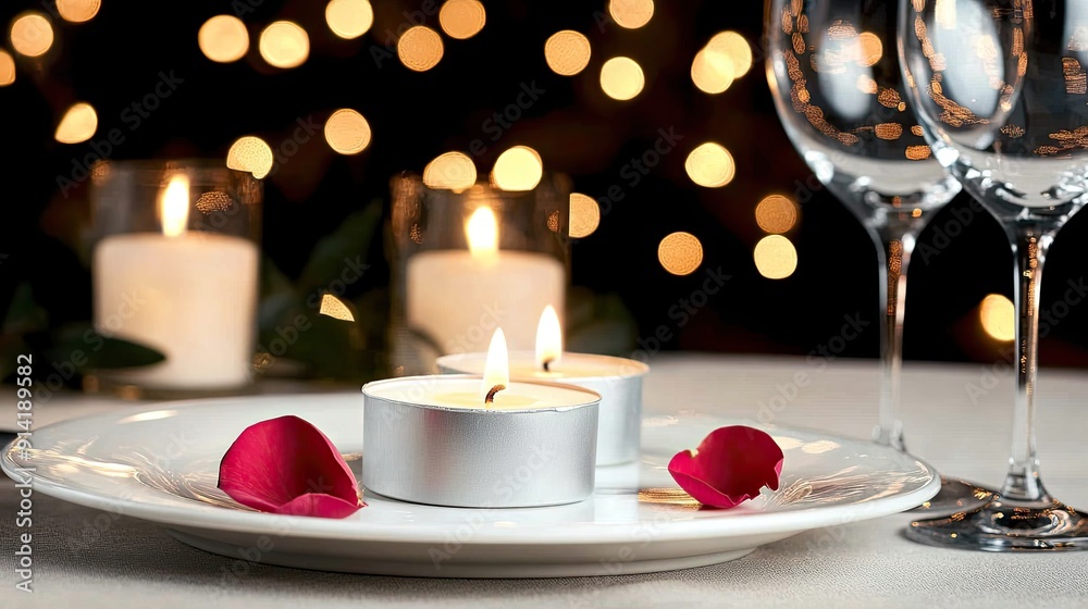 Fototapeta premium A serene dining setting features lit candles, elegant glassware, and rose petals on a wooden table, creating a romantic atmosphere
