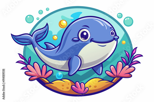 Cartoon Blue Whale Swimming in Ocean with Coral Reefs