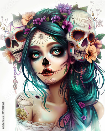 Dia de los Muertos woman with traditional clavera makeup illustration. Day of the Dead girl with sugar skull makeup and floral decorations on white background. Sticker, print, tattoo design