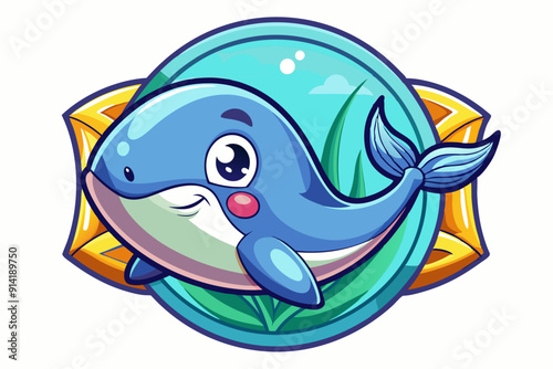 Cute Cartoon Whale in an Oval Frame with Yellow Accents