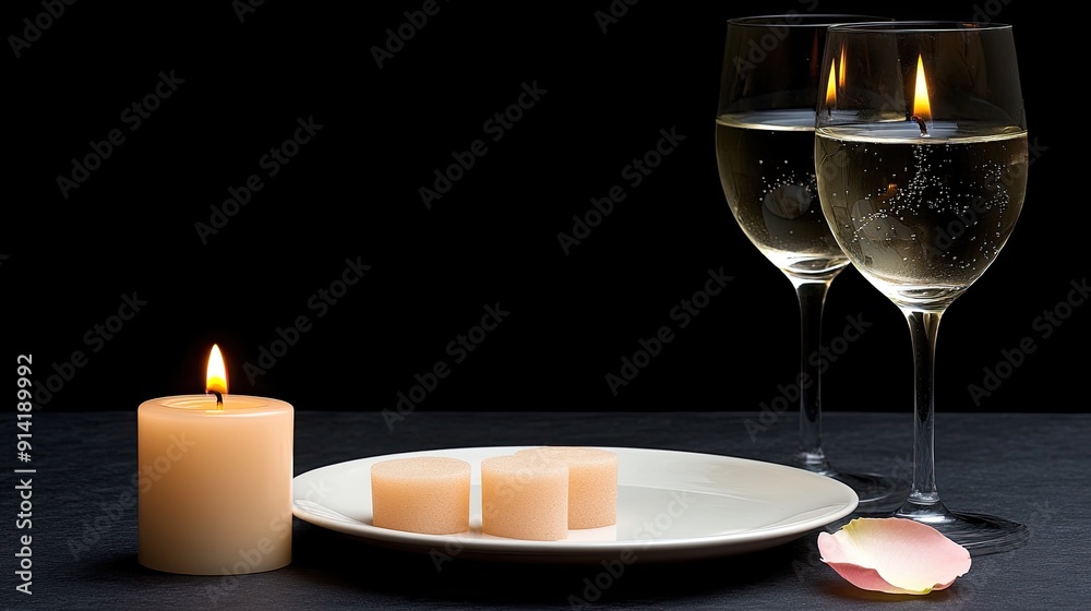 A serene dining setting features lit candles, elegant glassware, and rose petals on a wooden table, creating a romantic atmosphere A serene dining setting features lit candles, elegant glassware, and rose petals on a wooden table, creating a romantic atmosphere