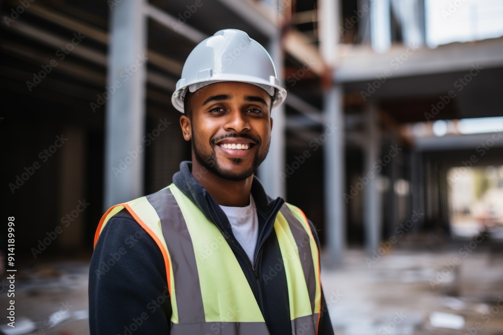 Smiling portrait of a young male African American architect on construction site Smiling portrait of a young male African American architect on construction site