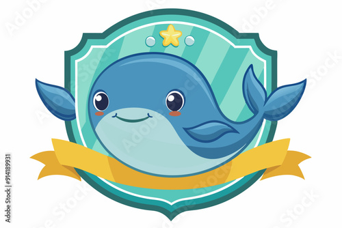Cartoon Whale with Ribbon in a Blue and Green Shield
