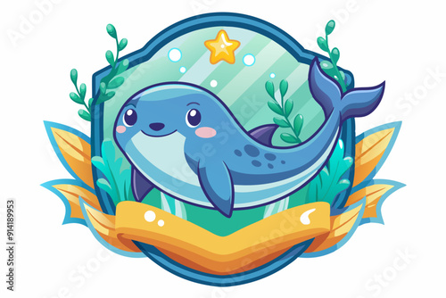 Cartoon Blue Whale with Yellow Ribbon in a Shield-Shaped Frame
