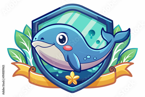 Cartoon Whale Inside a Blue Shield with Yellow Ribbon and Green Leaves
