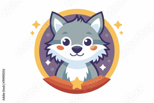 Cute Cartoon Wolf with a Star and Ribbon