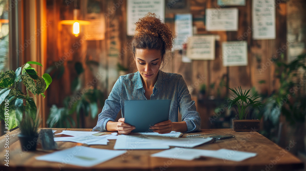 Fototapeta premium A woman is sitting at a desk with a tablet in front of her