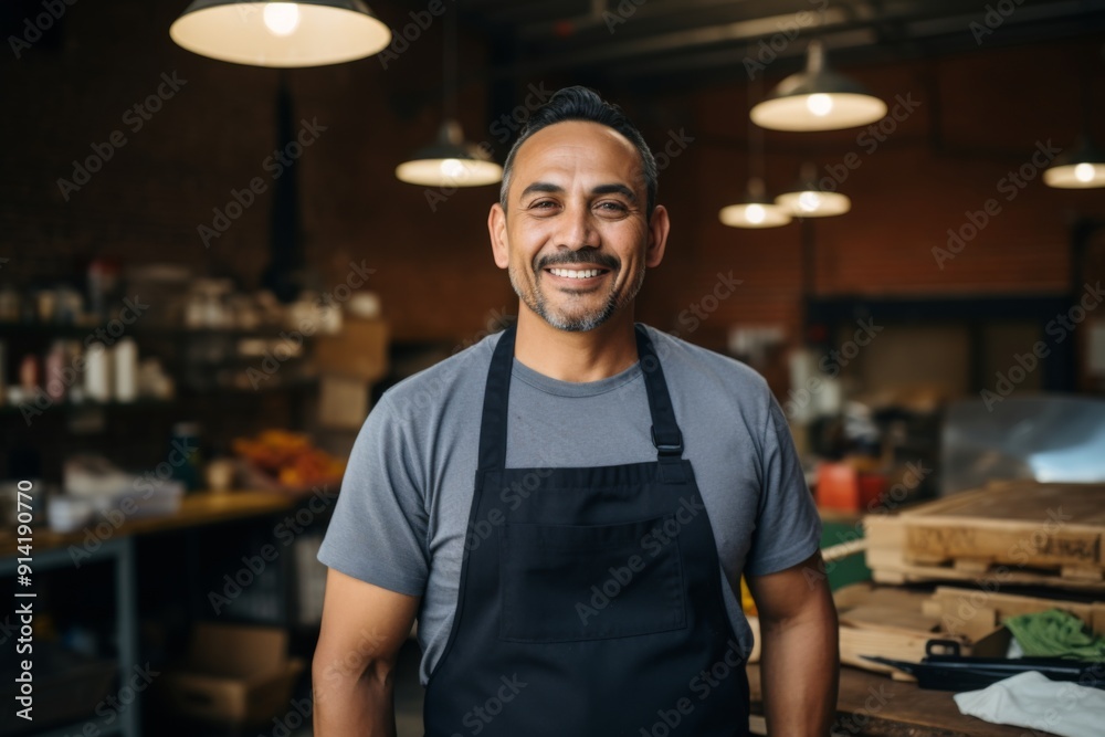 Smiling portrait of a middle aged car mechanic in workshop Smiling portrait of a middle aged car mechanic in workshop