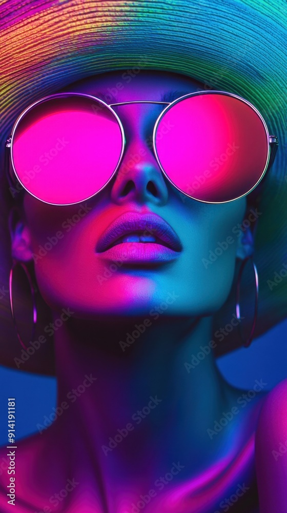 Closeup portrait of a fashion model posing with sunglasses and a colorful hat under neon lights Closeup portrait of a fashion model posing with sunglasses and a colorful hat under neon lights