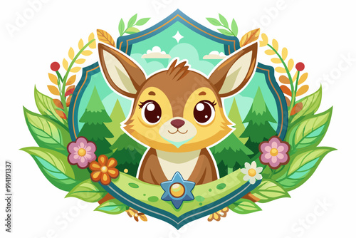 Cute Cartoon Deer with Floral Frame in a Forest Setting