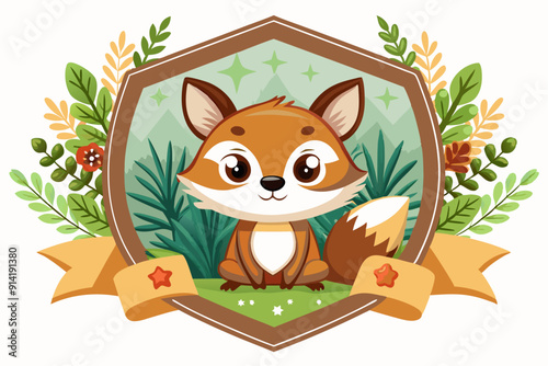 Cute Cartoon Fox in a Decorative Frame with Floral Elements