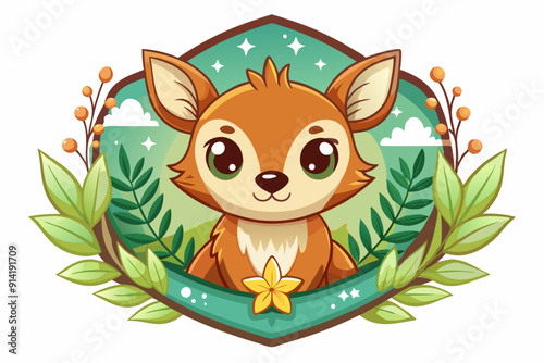 Cute Cartoon Fox with Big Eyes Surrounded by Green Leaves