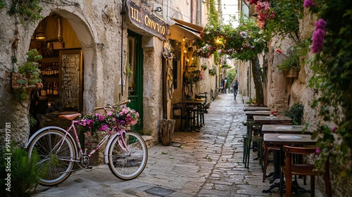 Tropea, Italy :Street restaurant Il Convivio in old house of Tropea town (centro storico) with floral decorated bicycle