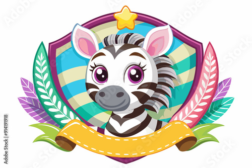 Cute Cartoon Zebra in a Colorful Shield with a Yellow Banner