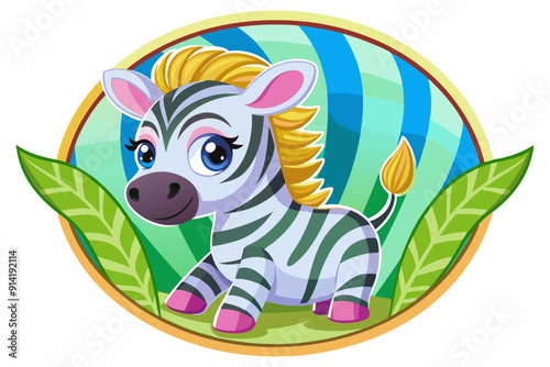 Cute Cartoon Zebra with Blond Mane in a Green and Blue Circular Frame