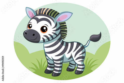 Cute Cartoon Zebra with Black and White Stripes Standing in Grass