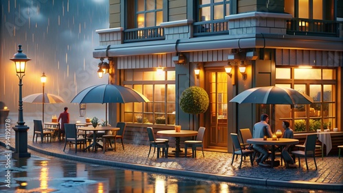 Cafe in Rain A cozy cafe with outdoor seating under umbrellas, warm lights glowing through steamy windows, patrons sipping coffee