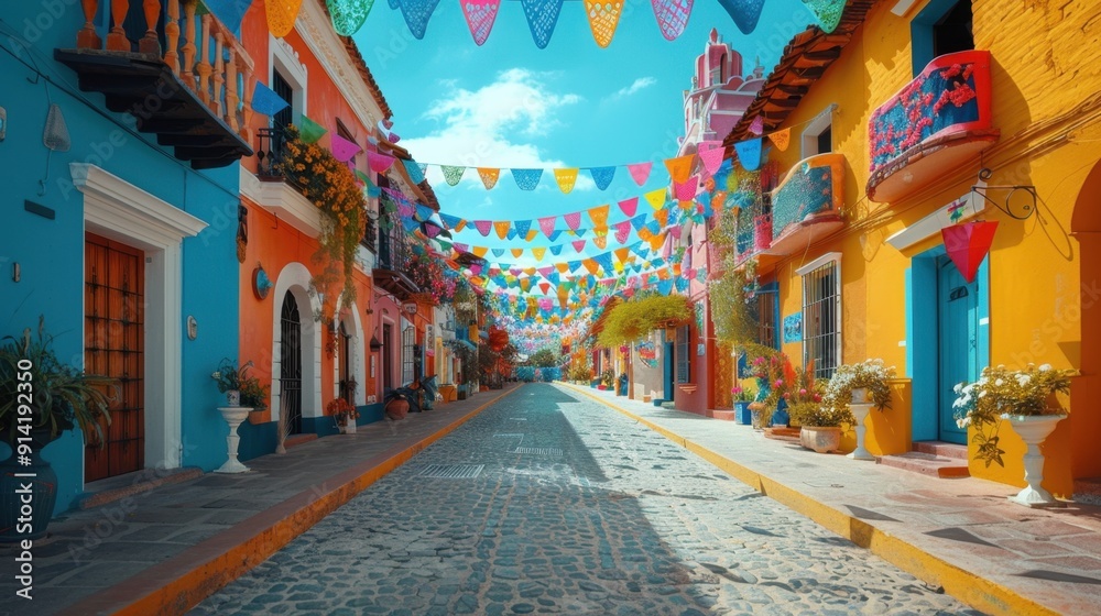 Naklejka premium Origami Paper Illustration of Zimapán Street with Festive Decorations