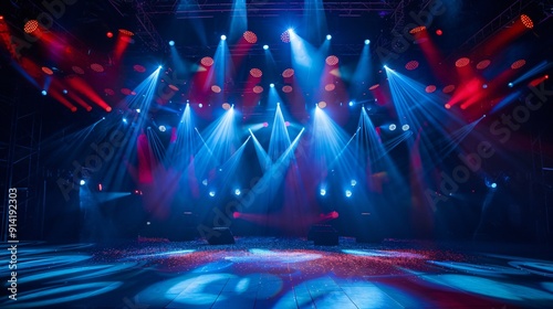 A magnificent stage illuminated with shiny colorful lights and atmospheric smoke effects for concerts, shows and events.