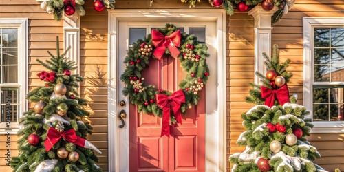 Front door decorated with Christmas wreath