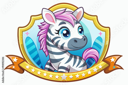 Cute Cartoon Zebra with Pink Mane in a Golden Shield with Stars