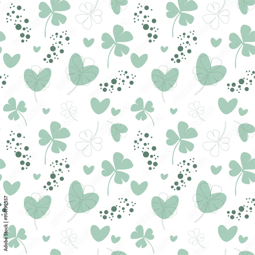 Obraz premium Web Seamless pattern of clover leaves, hearts and sage color spots. Saint Patrick Day. Shamrock. For textiles, wallpaper, packaging