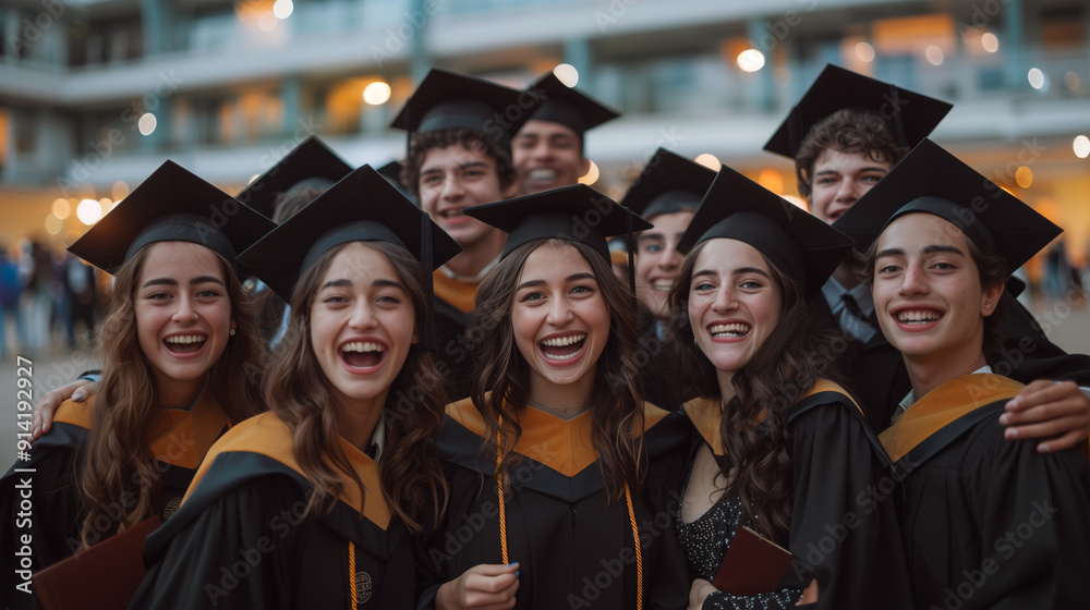 Obraz premium A multi-ethnic group of high school graduating students, happy and laughing, commemorating their graduation. 