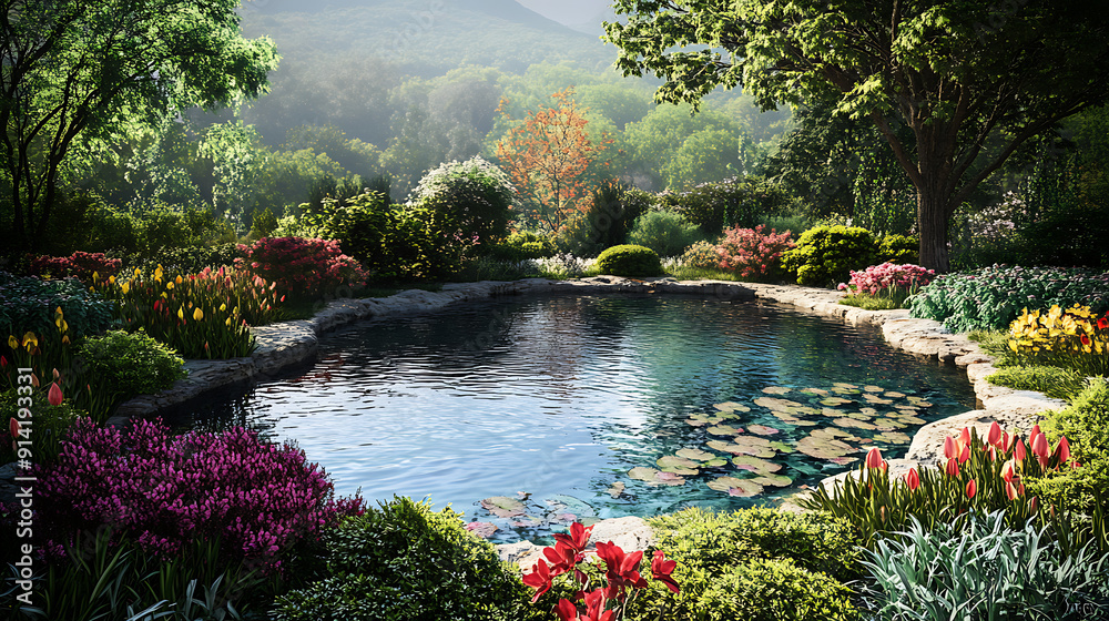 Fototapeta premium A tranquil garden pond bordered by vibrant flowers and foliage, reflecting the beauty of the surrounding landscape 