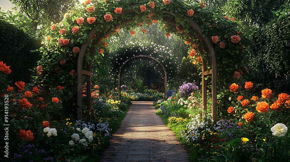 Fototapeta premium An arched trellis covered with climbing roses, set in a charming garden filled with various flowering plants 