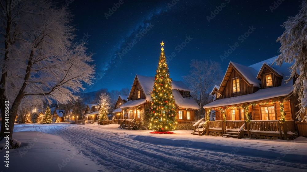 A snow-covered village under a starry night sky, warm lights shining from the windows of houses, and Christmas trees decorated with twinkling lights and ornaments A snow-covered village under a starry night sky, warm lights shining from the windows of houses, and Christmas trees decorated with twinkling lights and ornaments