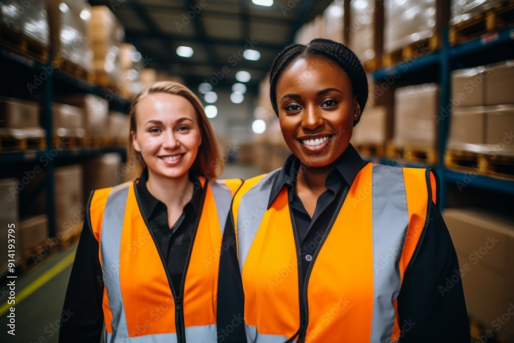 Smiling portrait of a young and diverse group of women in warehouse Smiling portrait of a young and diverse group of women in warehouse
