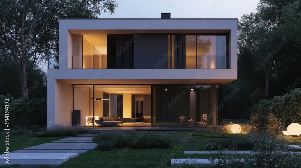 Obraz premium Sleek, modern house 3D rendering with a minimalist garden and elegant outdoor lighting.