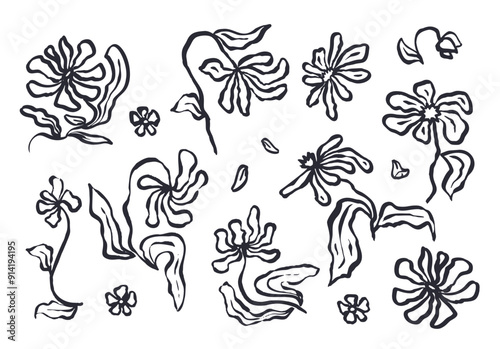 Ink wash abstract flowers sketches set isolated on white. Black silhouettes of outlined doodle florals bundle. Minimalist botanical clip art