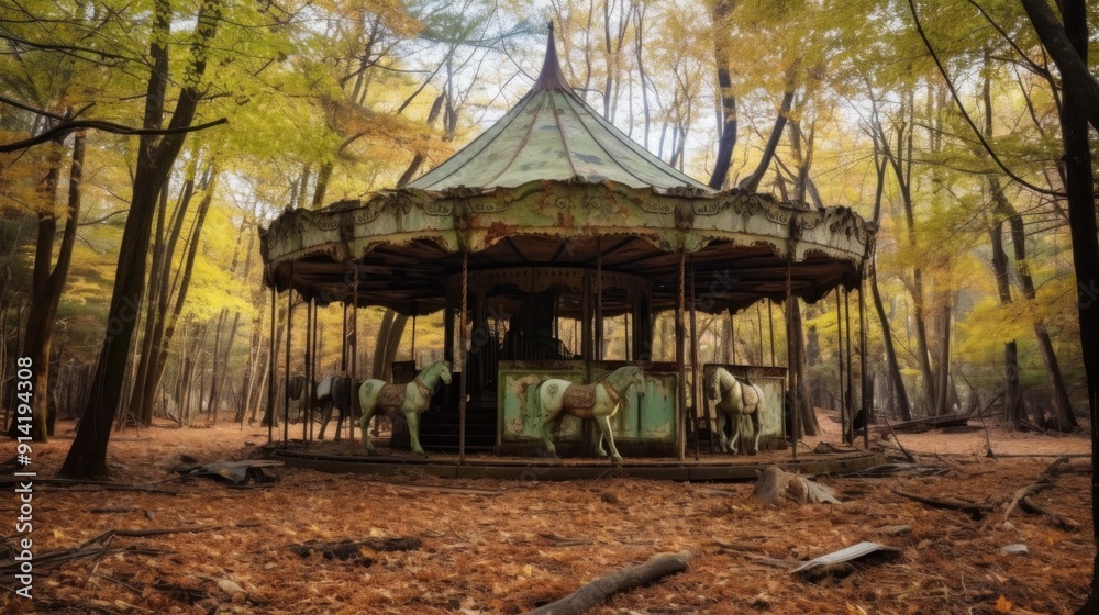 Abandoned Carousel in Autumn Forest