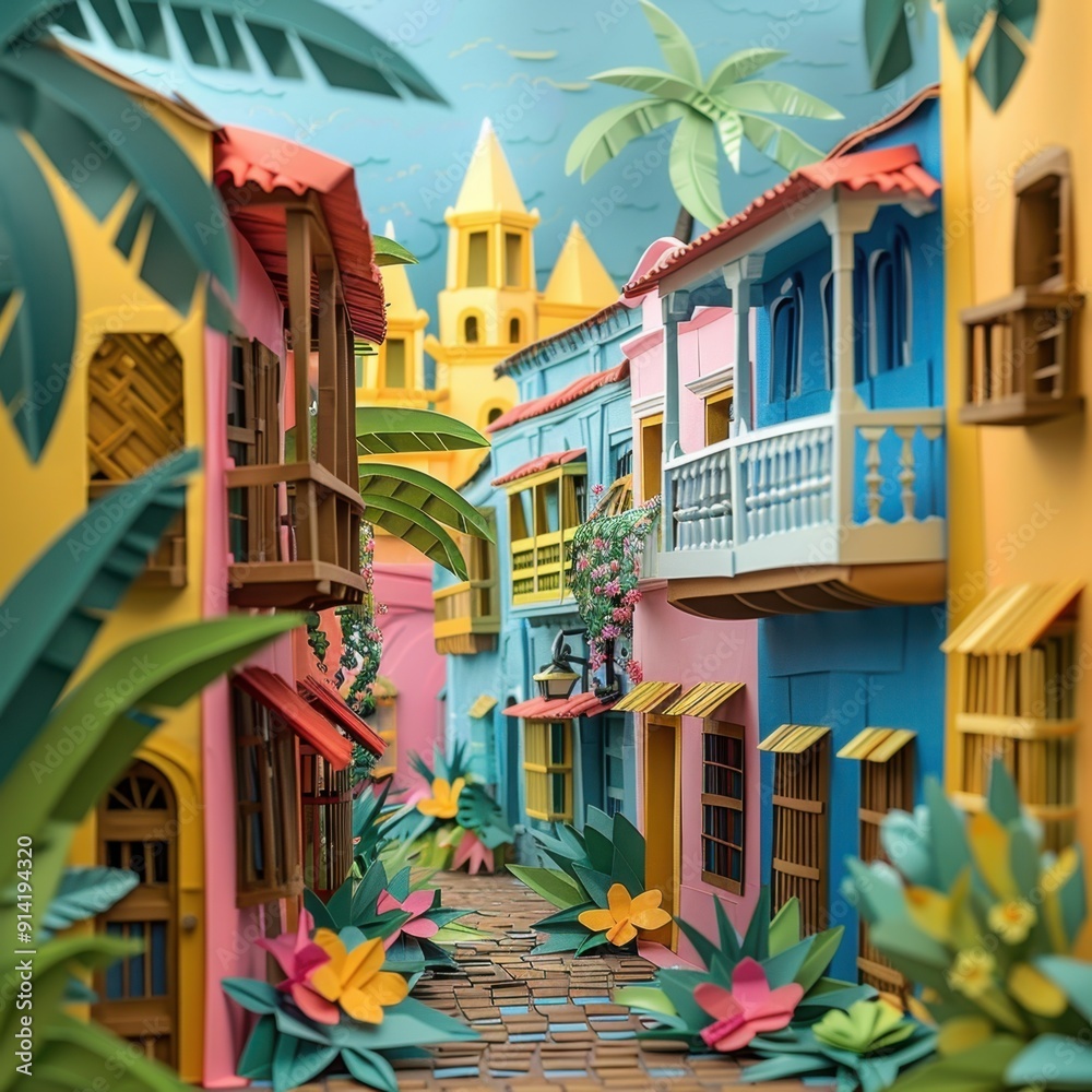 Naklejka premium Origami Paper Town of Cartagena de Indias, Colombia