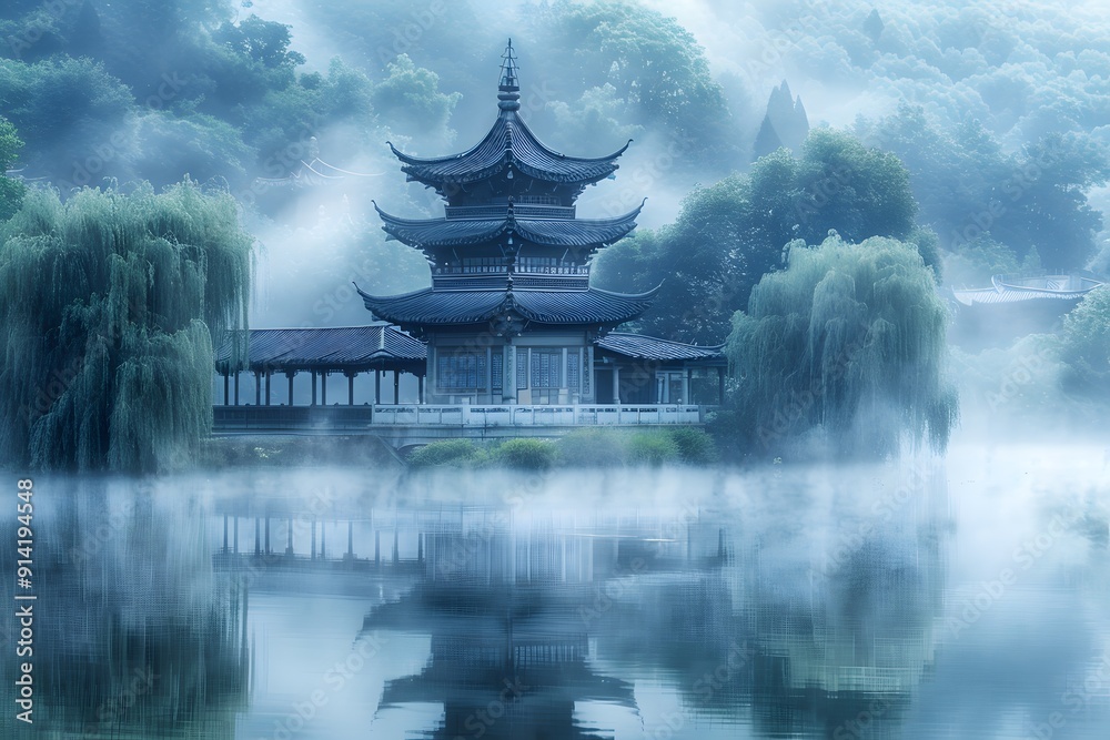 Asian-style landscape with pagoda and willow trees Asian-style landscape with pagoda and willow trees