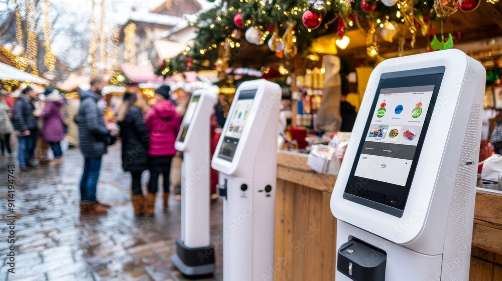 Digital Kiosk at a Festive Christmas Market in Europe Digital Kiosk at a Festive Christmas Market in Europe