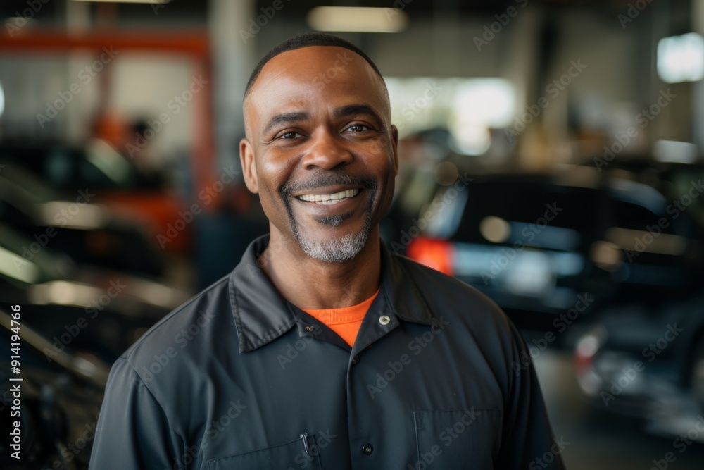 Smiling portrait of a middle aged car mechanic in workshop Smiling portrait of a middle aged car mechanic in workshop