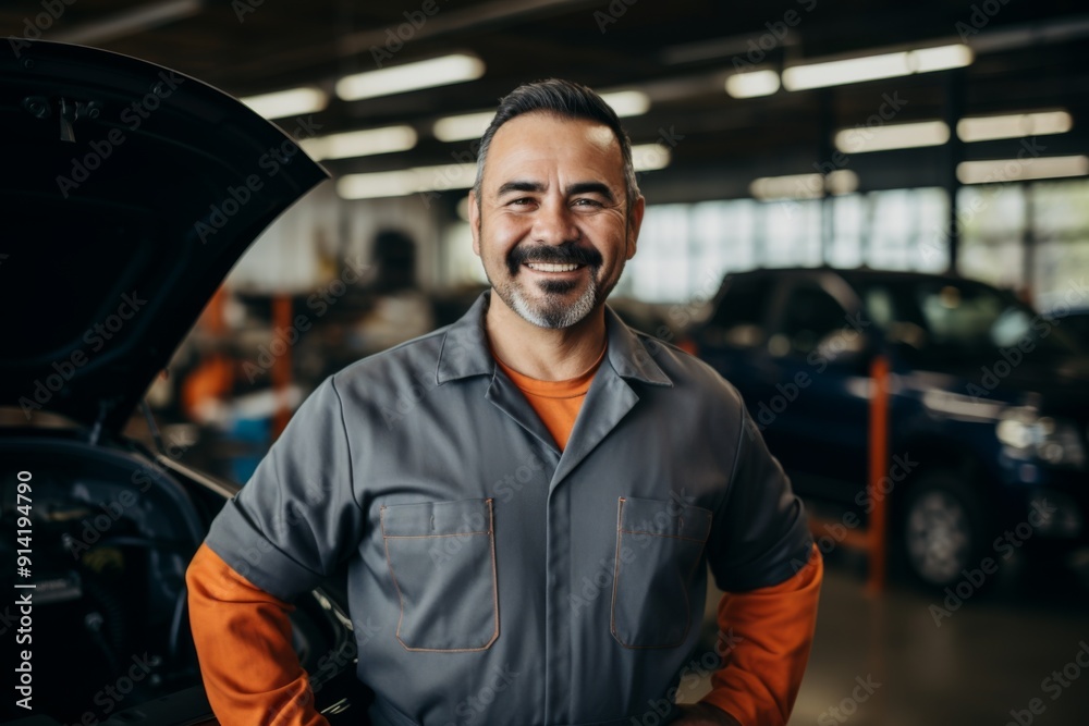 Smiling portrait of a middle aged car mechanic in workshop Smiling portrait of a middle aged car mechanic in workshop