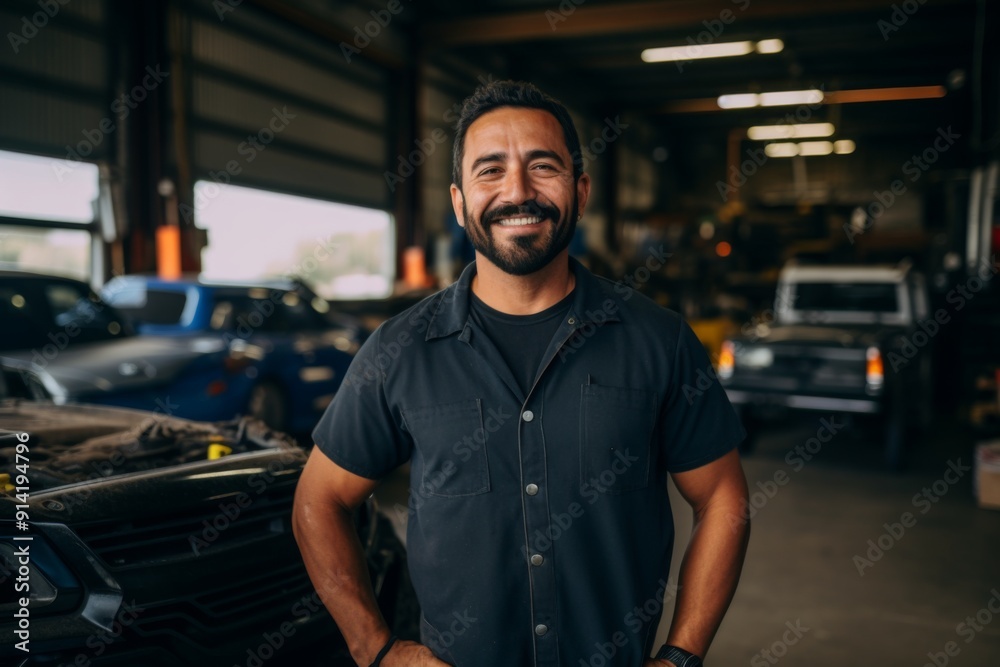 Smiling portrait of a middle aged car mechanic in workshop Smiling portrait of a middle aged car mechanic in workshop