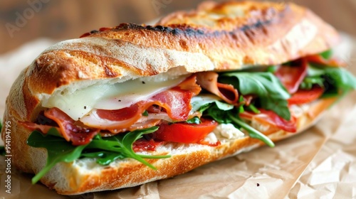 Fresh Italian sandwich with prosciutto, arugula and cheese
