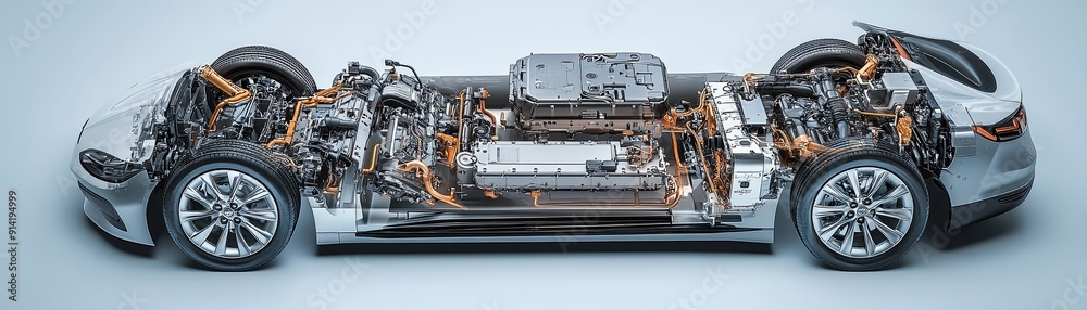 Fototapeta premium Cutaway view of a car engine and chassis.