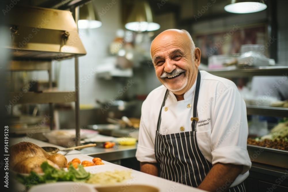 Smiling portrait of a senior chef working in kitchen