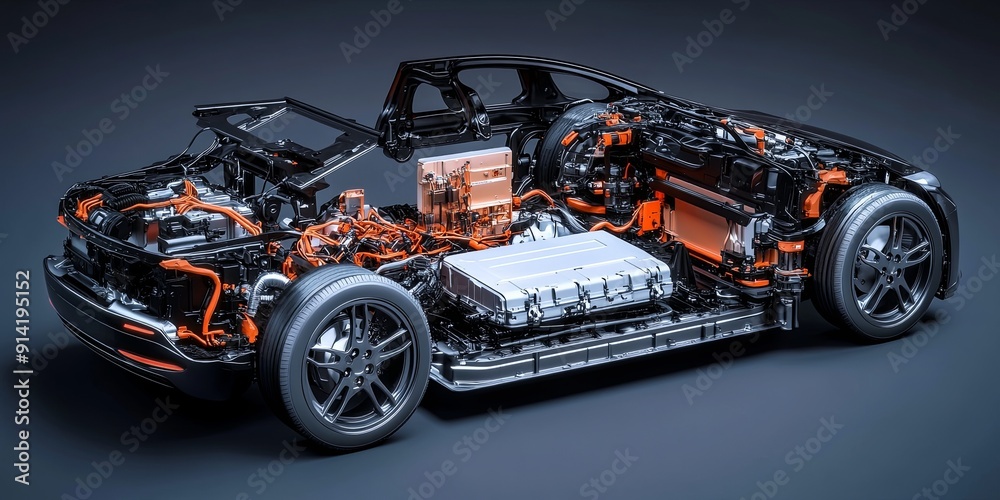 Cutaway view of electric car with battery pack and electric motor. Cutaway view of electric car with battery pack and electric motor.