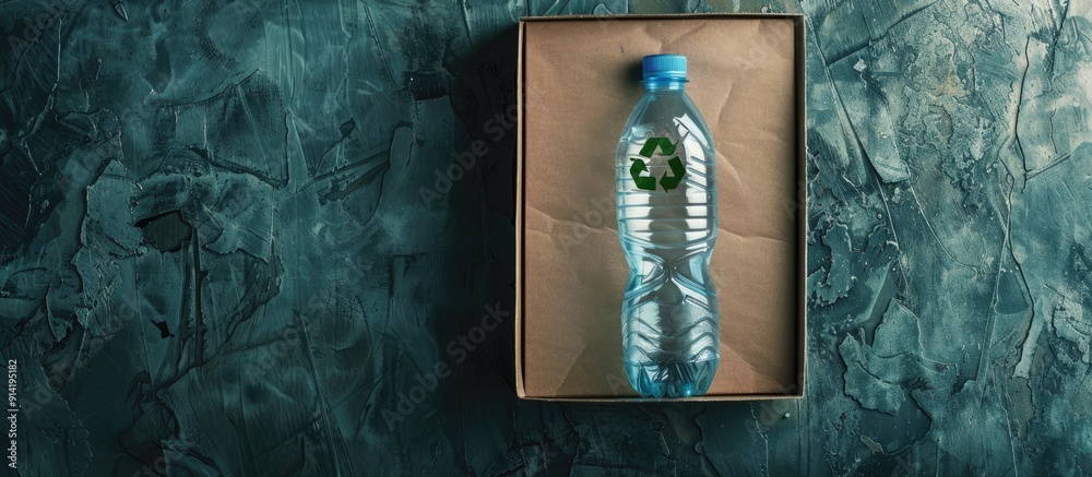 A plastic bottle rests inside a paper box adorned with the Reduce Reuse ...