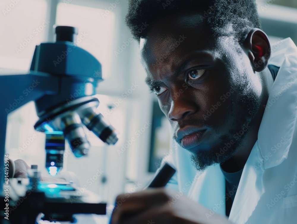 Scientist examining samples under microscope.