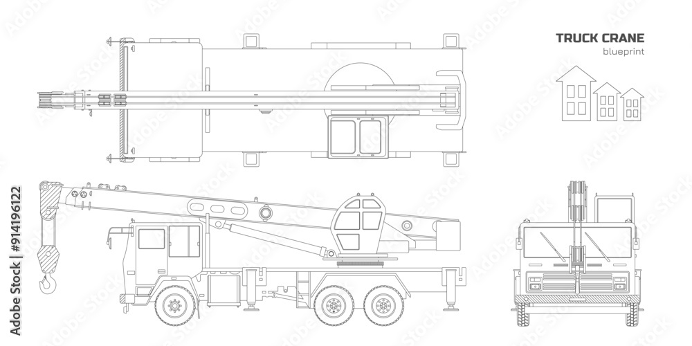 Obraz premium Truck crane outline blueprint. Side, top and front views. Industrial equipment drawing. Isolated loader car in line style. Contour template. Building lorry